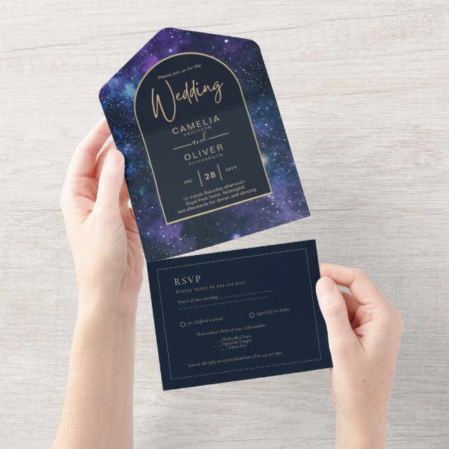 Galaxy Starry Night Lila Blue Gold Wedding All In One Einladung (Abreißen)