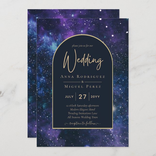 Galaxy Starry Night Lila Blue Gold Wedding Einladung (Vorne/Hinten)