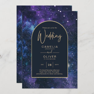 Galaxy Starry Night Lila Blue Gold Wedding Einladung