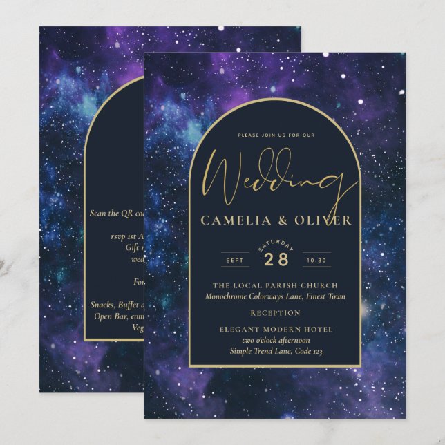 Galaxy Starry Night Lila Blue Gold Wedding Einladung (Vorne/Hinten)
