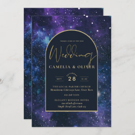 Galaxy Starry Night Lila Blue Gold Wedding Einladung