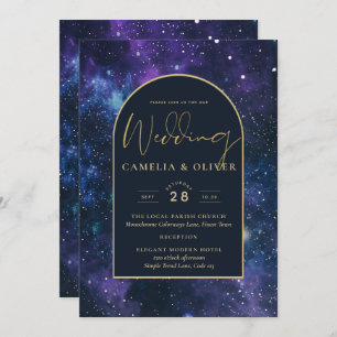 Galaxy Starry Night Lila Blue Gold Wedding Einladung