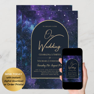 Galaxy Starry Night Lila Blue Gold Wedding Einladung