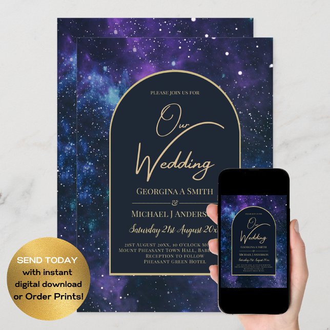 Galaxy Starry Night Lila Blue Gold Wedding Einladung (Von Creator hochgeladen)