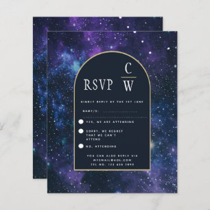 Galaxy Starry Night Lila Blue Gold Wedding RSVP