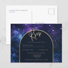 Galaxy Starry Night Lila Blue Gold Wedding RSVP Postkarte