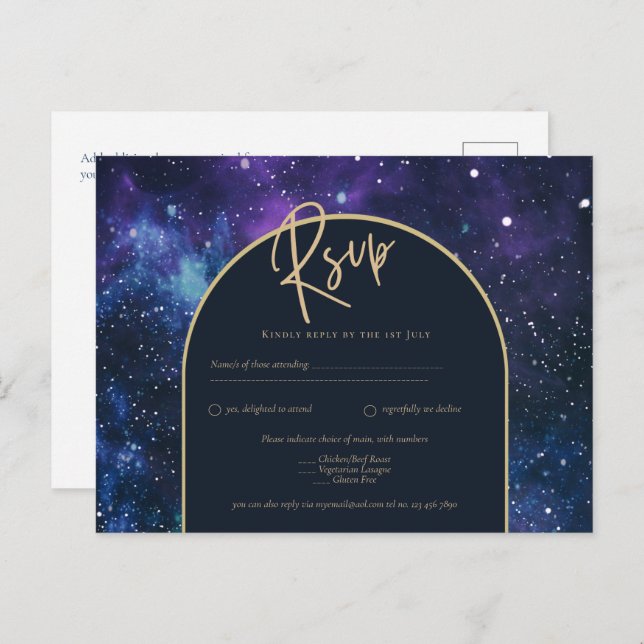Galaxy Starry Night Lila Blue Gold Wedding RSVP Postkarte (Vorne/Hinten)
