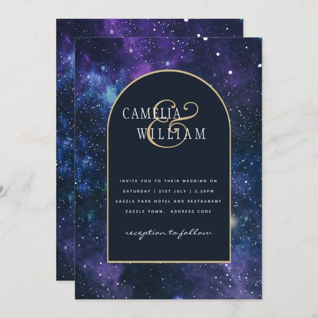 Galaxy Starry Night Lila Blue Wedding Einladung (Vorne/Hinten)