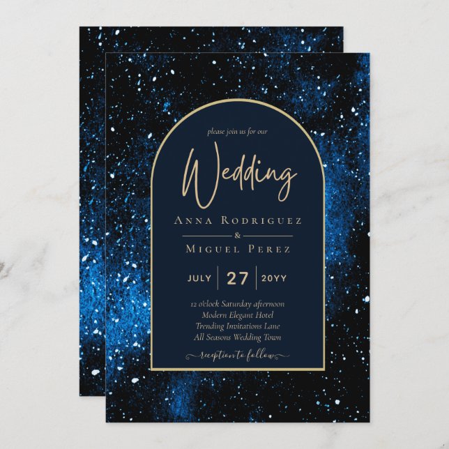 Galaxy Starry Night Navy Blue Gold Hochzeit Einladung (Vorne/Hinten)