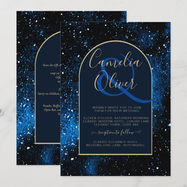Galaxy Starry Night Navy Blue Gold Hochzeit Einladung (Vorne/Hinten)
