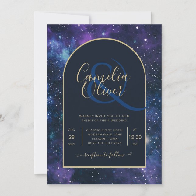 Galaxy Starry Night Navy Blue Gold Hochzeit Einladung (Vorderseite)