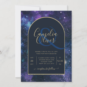 Galaxy Starry Night Navy Blue Gold Hochzeit Einladung