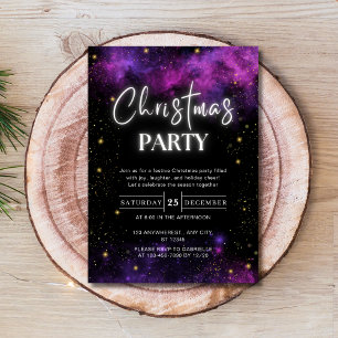 Galaxy Starry Space Neon Black Christmas Party Einladung