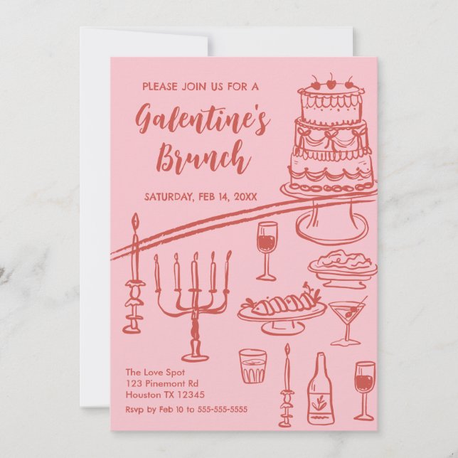Galentine Brunch red & pink Party Invitation Einladung (Vorderseite)
