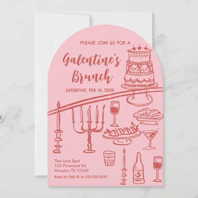 Galentine Brunch red & pink Party Invitation Einladung (Vorderseite)