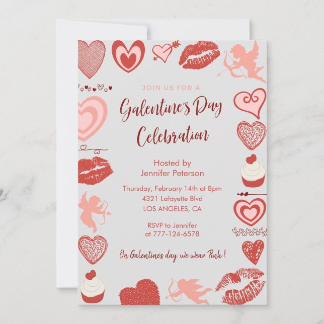 Galentine Einladung rosa und rote Brunch Herzen (Vorderseite)