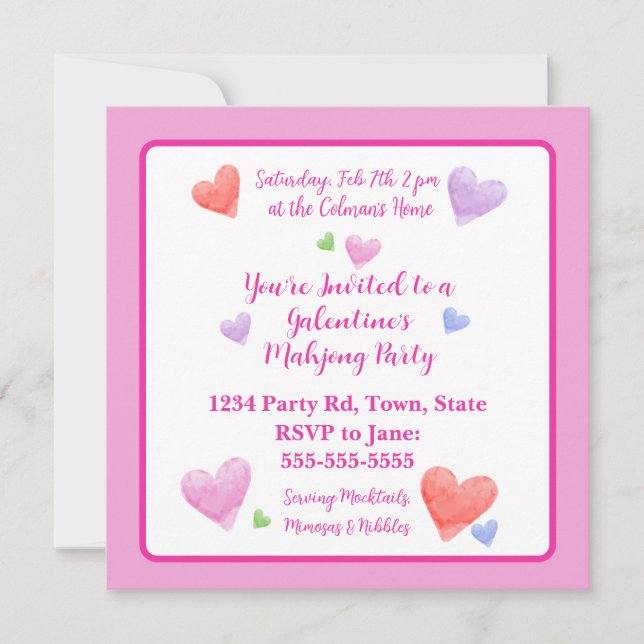 Galentine Mahjong Party Watercolor Hearts Sq (Vorderseite)