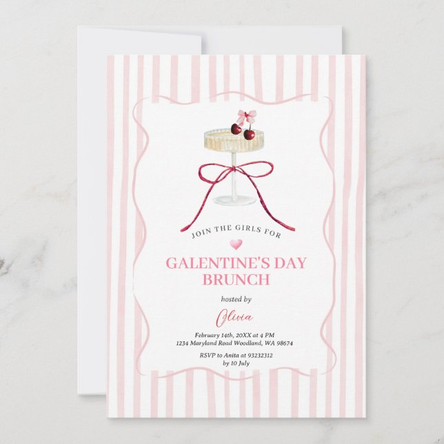 Galentine’s Day Brunch Invitation | Pink Stripe Einladung (Vorderseite)