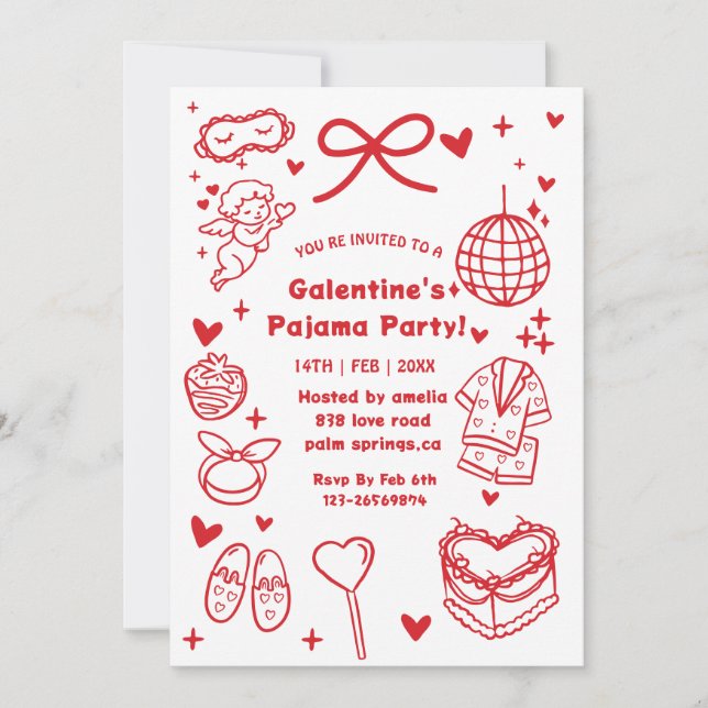 Galentine’s Pajama, Night Valentine Hand Drawn  Einladung (Vorderseite)