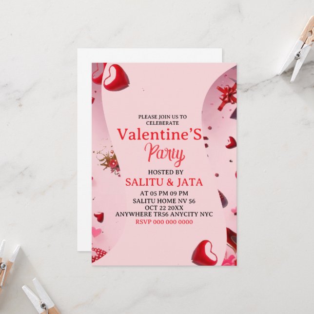 Galentine’s Party Invitation, Pink Heart & Bow Bir Einladung (Vorderseite/Rückseite Beispiel)