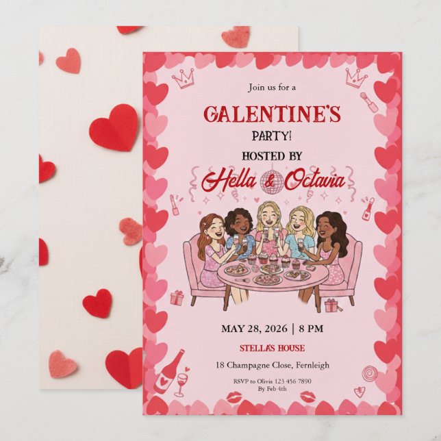 Galentine’s Party Invitation Printable, Pink & Red Einladung (Vorne/Hinten)