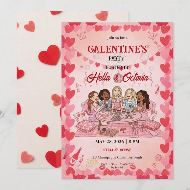 Galentine’s Party Invitation Printable, Pink & Red Einladung (Vorne/Hinten)