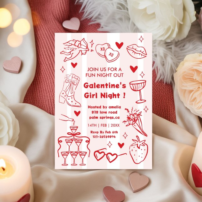Galentine’s Party, Night Valentine Hand Drawn  Einladung (Von Creator hochgeladen)