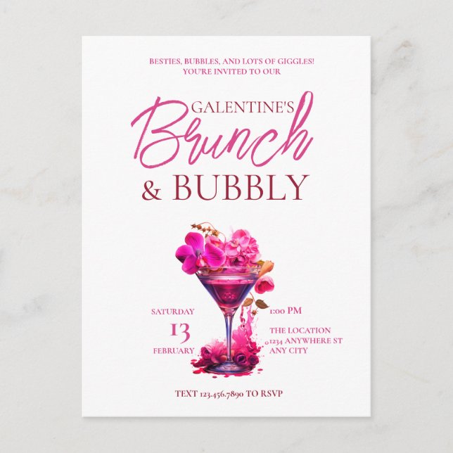 Galentiner Brunch und Bubbly Einladung Postcard Postkarte (Vorderseite)