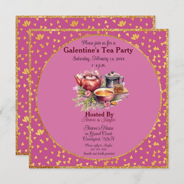 Galentiner Tea Party Rosa und goldene Herzen (Vorne/Hinten)