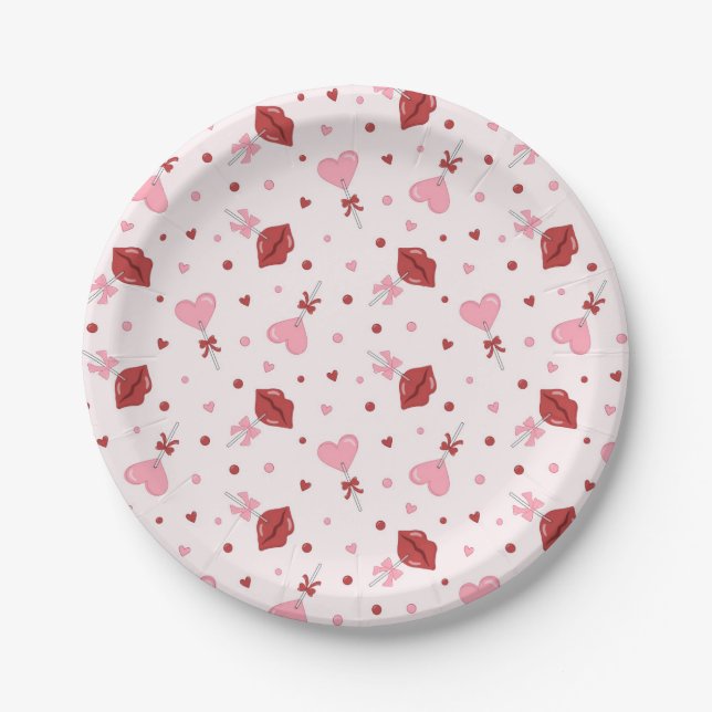Galentiner Valentinin Pink Heart Lollipop Design Pappteller (Vorderseite)