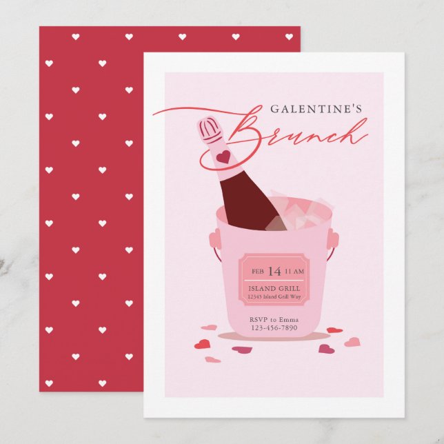Galentine's Day Bruch Champagne Drink Herz Einladung (Vorne/Hinten)