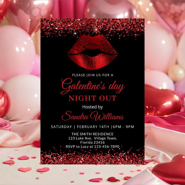 Galentine's Day Night Out Red Glitter Lips Einladung (Red Glitter Lipstick Galentine's Day night out invitation)