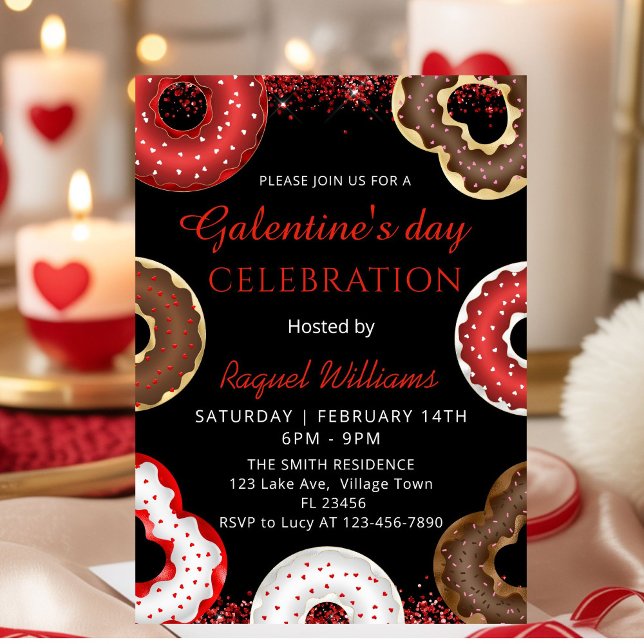 Galentine's Day Party Donuts Invitation Einladung (Red Glitter Galentine's Day Brunch Donuts Invitation)