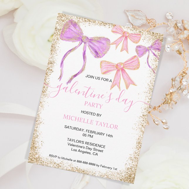 Galentines Day Party Glitzer Gold Rosa Bogen Einladung (pink and purple watercolor bows)