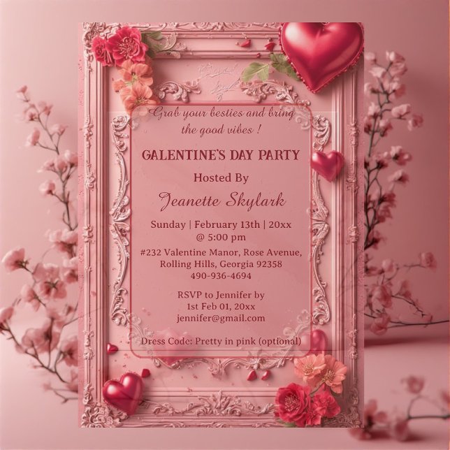 Galentines Day Party Heart Floral Pastel Pink Vine Acryleinladungen (Galentines Day Party Heart Floral Pastel Pink Vine Acrylic Invitations)