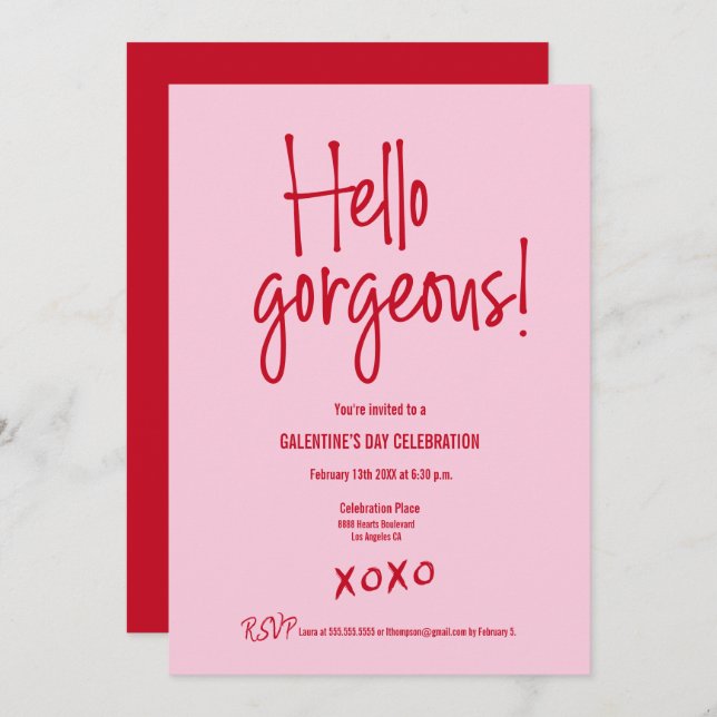 Galentine's Day PINK RED Hello gorgeous XOXO Einladung (Vorne/Hinten)
