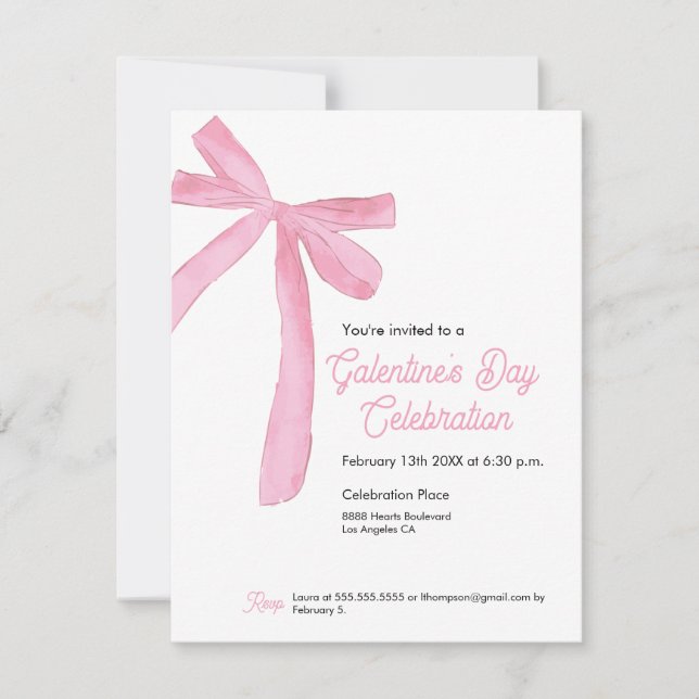 Galentine's day Pink Ribbon Bow Girly modern Einladung (Vorderseite)
