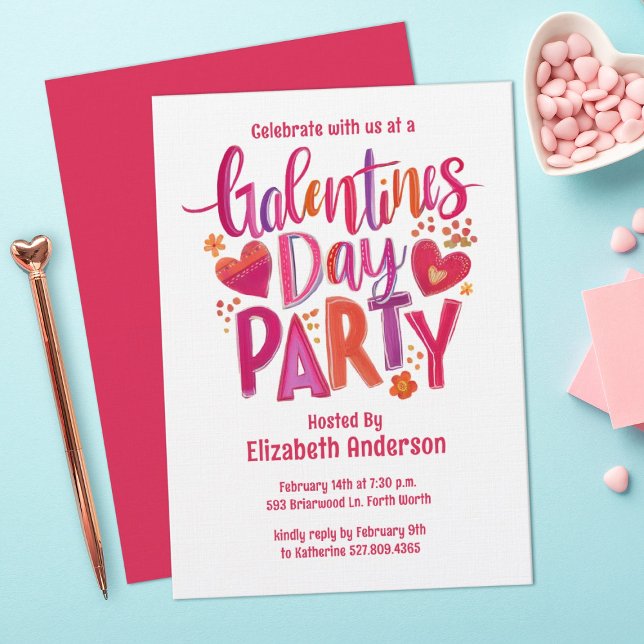 Galentines Day Red hand drawn Party Invitation Einladung (A cute and festive "Galentines" Valentines Party Invitation. Personalize it with your information)