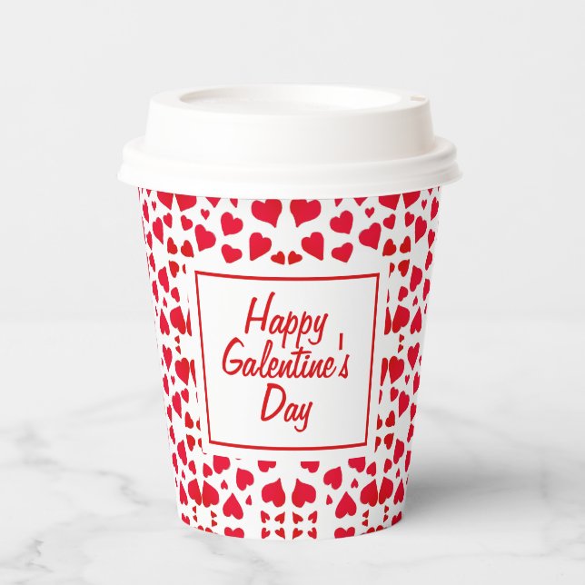 Galentines Day Script Red Hearts Pattern Party Pappbecher (Vorderseite)