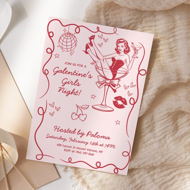 Galentines Girls Night Party Handgezeichnet Rosa Einladung (Von Creator hochgeladen)