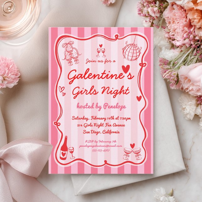 Galentine's Girls Night Pink Red Hand Drawn Party Einladung (Von Creator hochgeladen)