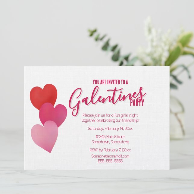 Galentines Party with 3 Hearts Einladung (Stehend Vorderseite)