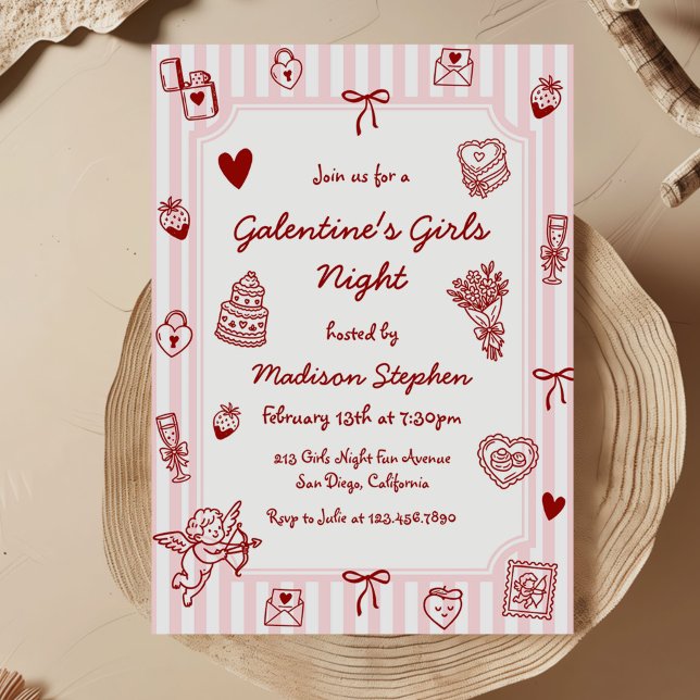Galentine's Pink Red Hand Drawn Girls Night Party Einladung (Von Creator hochgeladen)