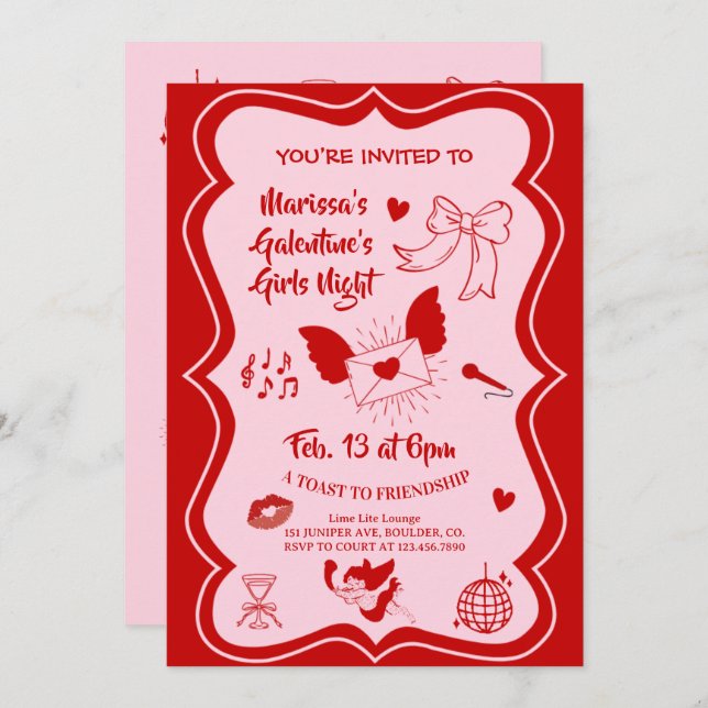 Galentine's Pink Red Hand Drawn Night Party Einladung (Vorne/Hinten)