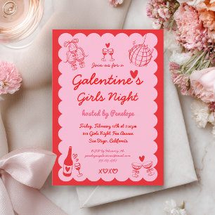 Galentine's Pink Rot Handgezeichnete Mädchen Nacht Einladung