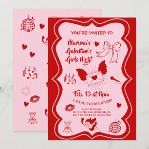 Galentine's Rosa Rote Handgezeichnete Nachtparty Einladung