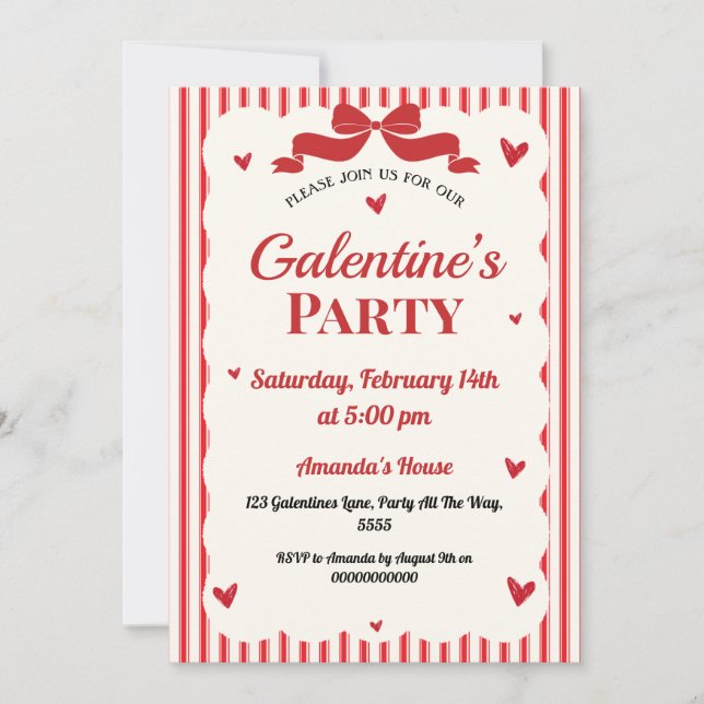 Galentines Valentines Party Coquette Bow Rotes Her Einladung (Vorderseite)