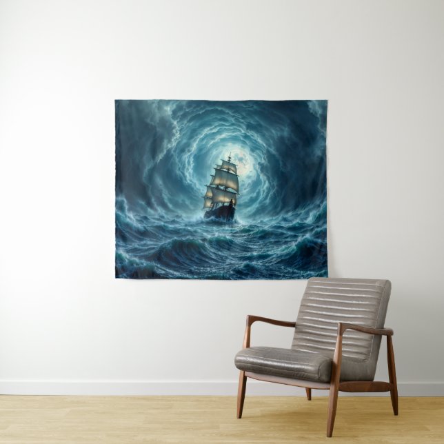 Galeon Schiff Sturm mondbeleuchtete Ozeanreise Wandteppich (Beispiel (Horizontal))