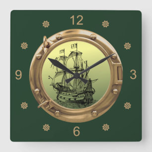 Galeonen-Segelschiff ~ Messing-Bullauge ~  Quadratische Wanduhr