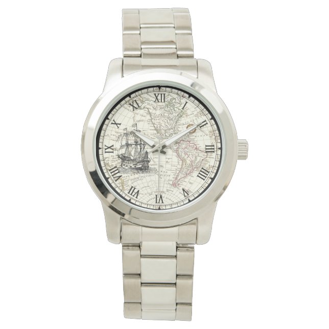 Galleon Segelschiff ~ 1789 Western Hemisphäre Kart Armbanduhr (Vorderseite)